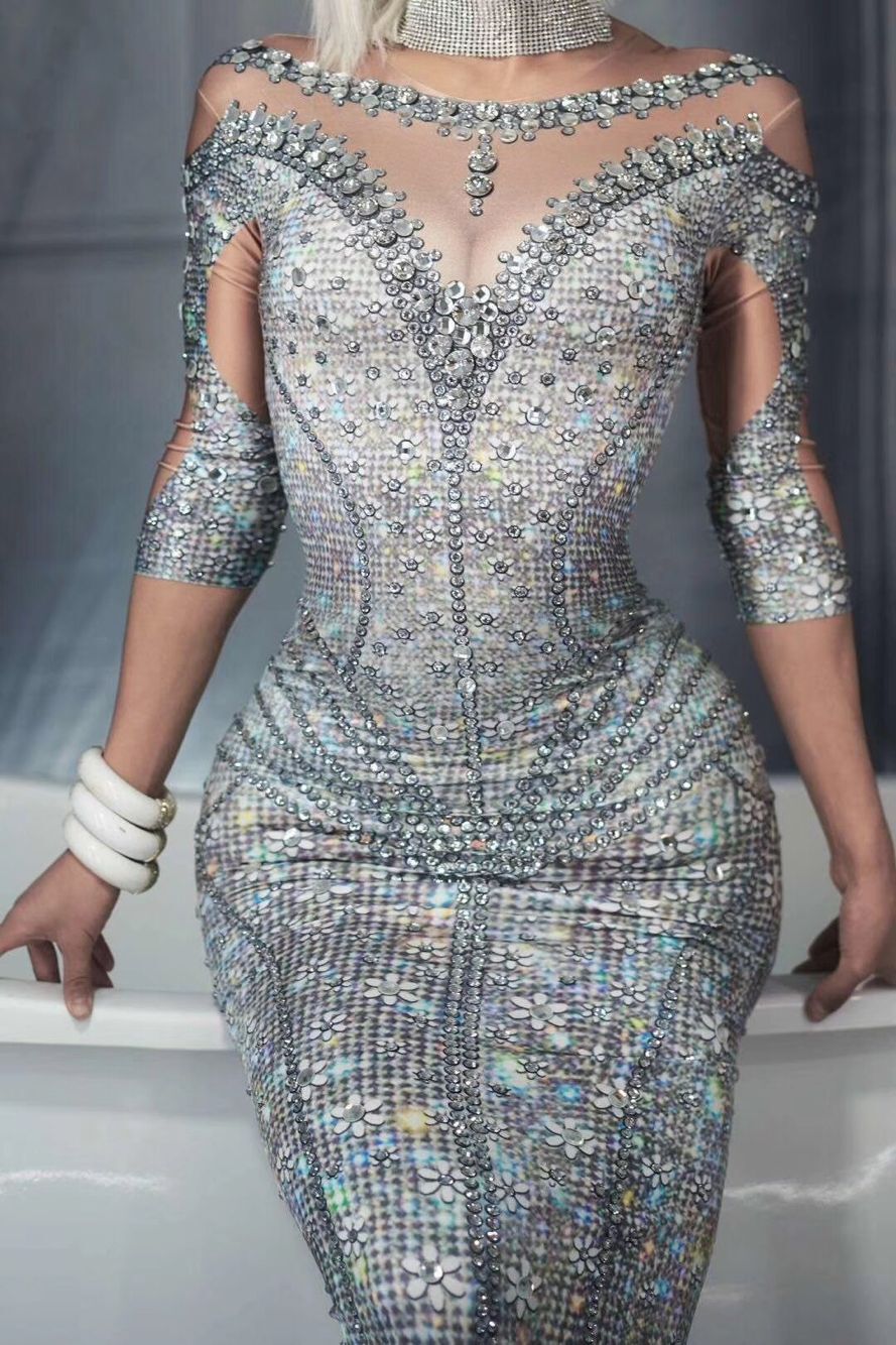 Beaded Rhinestones Crystals Long Bodycon Birthday Party Dress