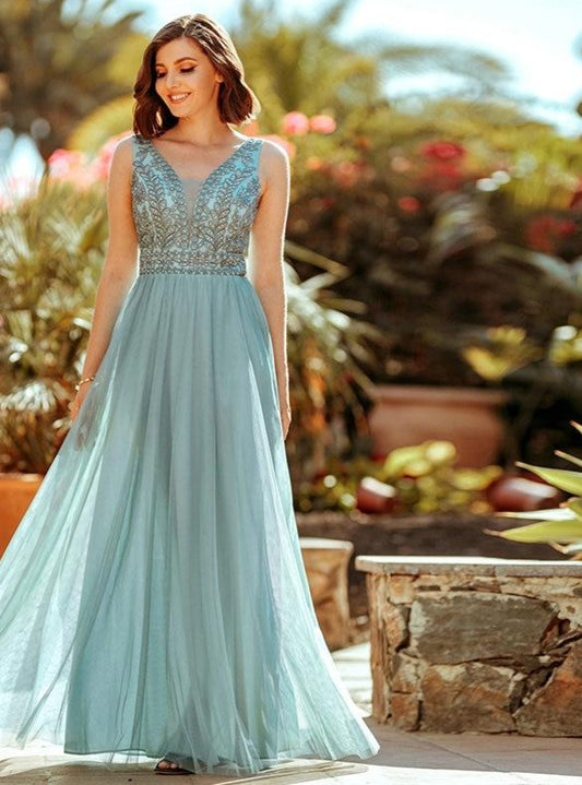 Women A-Line Beaded Double V-Neck Sleeveless Tulle Maxi Dress Blue Sexy Embroidered Long Party Dress