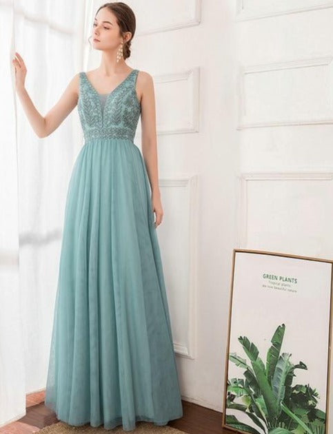 Women A-Line Beaded Double V-Neck Sleeveless Tulle Maxi Dress Blue Sexy Embroidered Long Party Dress