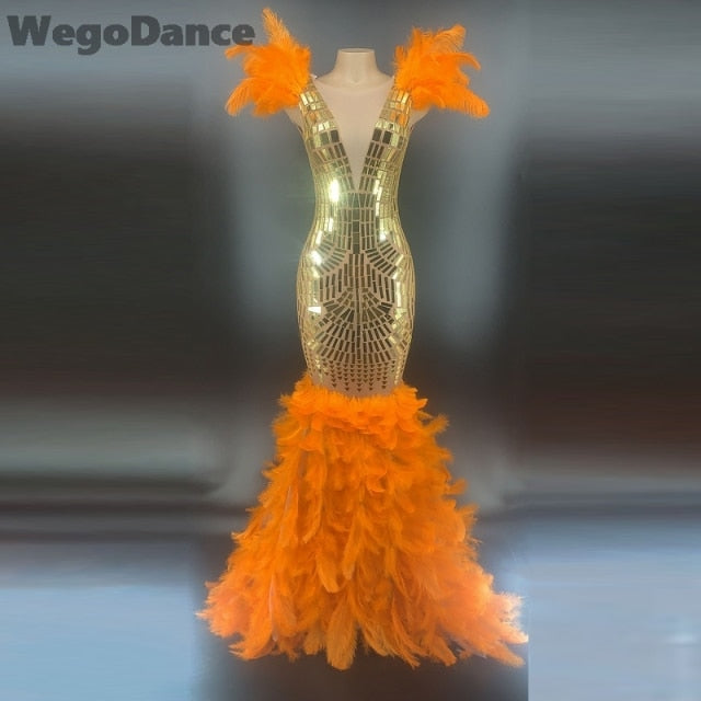 Gold Rhinestones Orange Feather Dress Women Birthday Long Dresses Evening Party