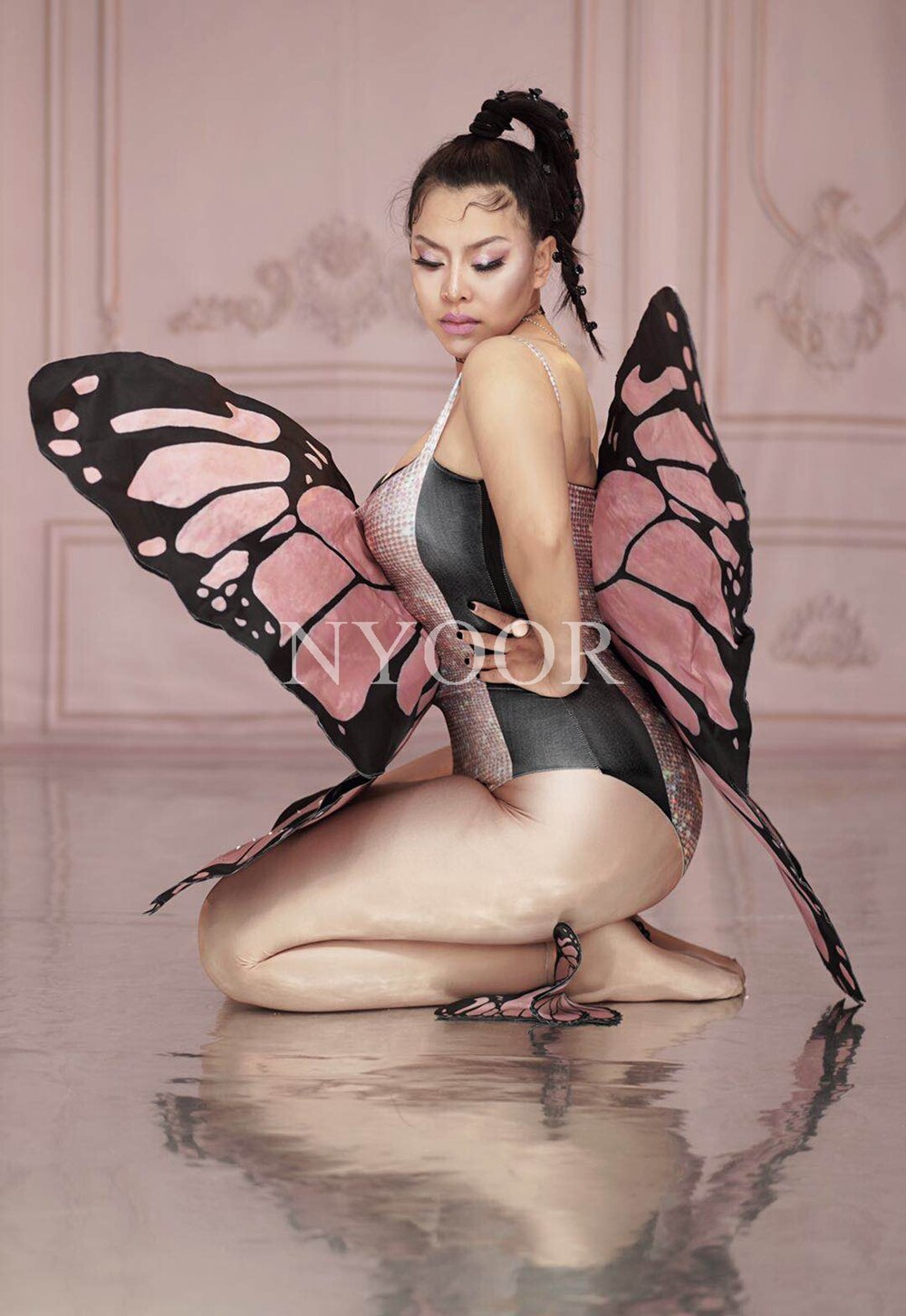 Bling Pink Butterfly Wings Bodysuit Dance Costume Women Party Show Performance Stage Wear