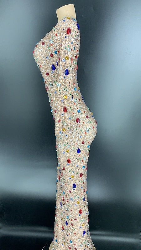 Sparkly Multi-color Glass Rhinestones Long Dress Women's Birthday Celebrate Outfit One Sleeve Dancer