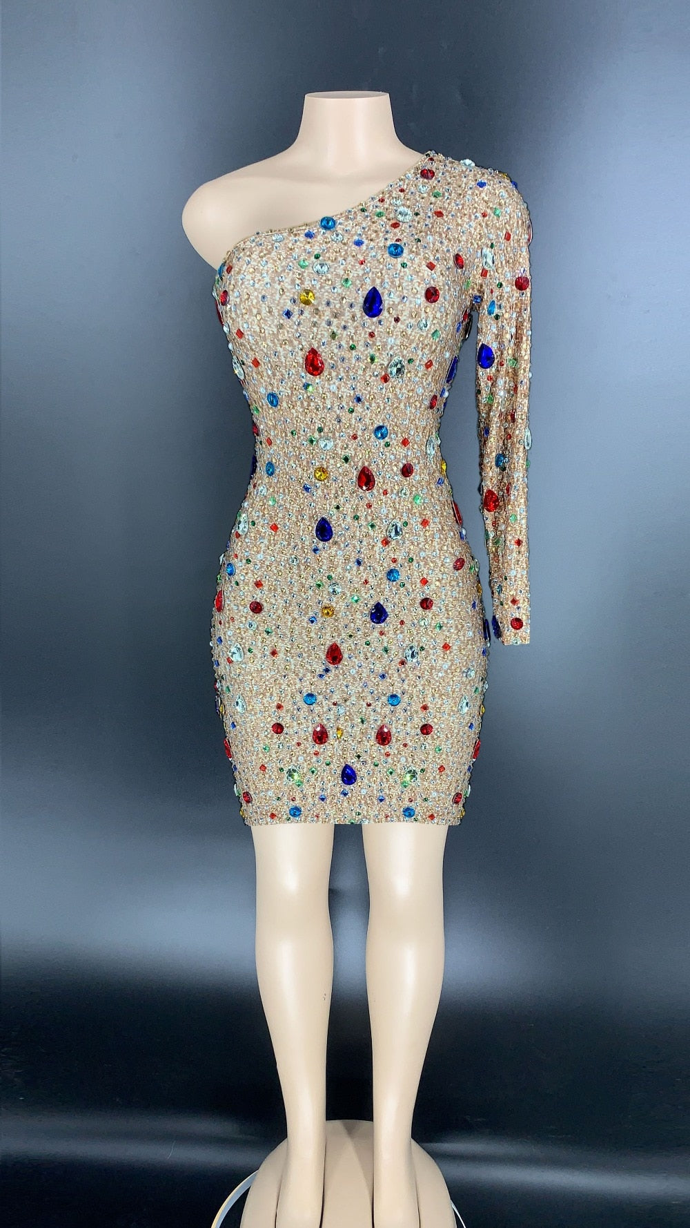 Sparkly Multi-color Glass Rhinestones Long Dress Women's Birthday Celebrate Outfit One Sleeve Dancer