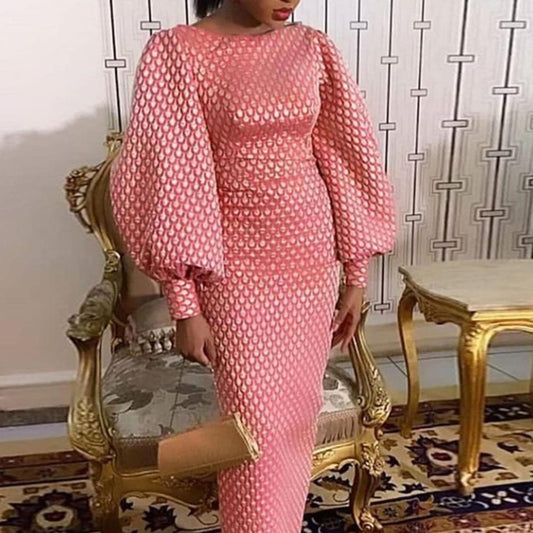 African Fashion Pink Long Dress Women Round Neck Long Lantern Sleeve Plus Size Autumn Winter Maxi.