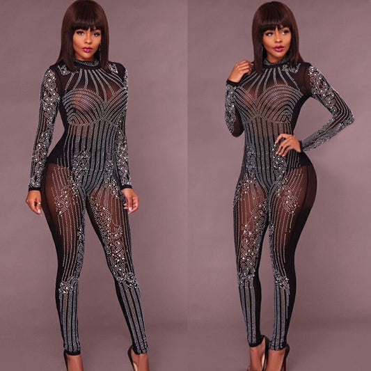 Sexy Bodycon Long Sleeve Sheer Jumpsuits Fashion Mesh Geometric Rhinestone See-Through Romper Sparkly Overalls
