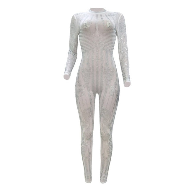 Sexy Bodycon Long Sleeve Sheer Jumpsuits Fashion Mesh Geometric Rhinestone See-Through Romper Sparkly Overalls