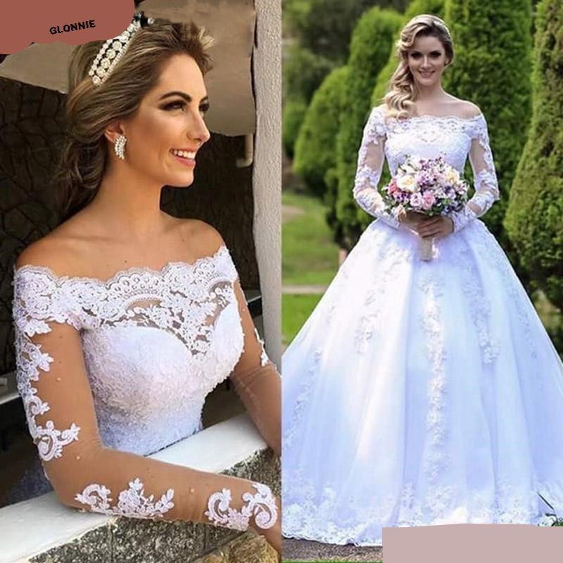Glonnie Vintage Illusion Lace Ball Gown Wedding Off the Shoulder Long Sleeves Bridal Dresses - ELEGANT FASHION STYLES