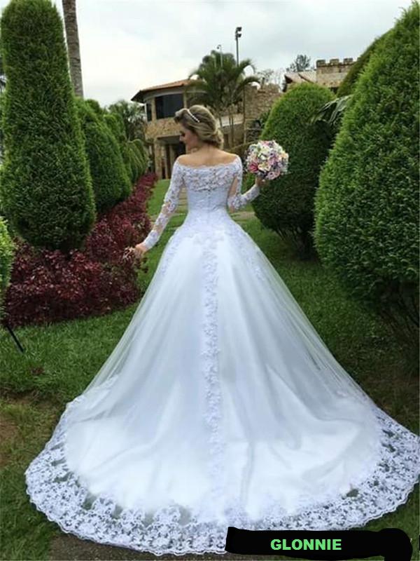 Glonnie Vintage Illusion Ball Gown Wedding Off Shoulder Long Sleeves Bridal Dress