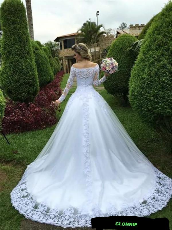 Glonnie Vintage Illusion Lace Ball Gown Wedding Off the Shoulder Long Sleeves Bridal Dresses BACK - elegantfashionstyle.com