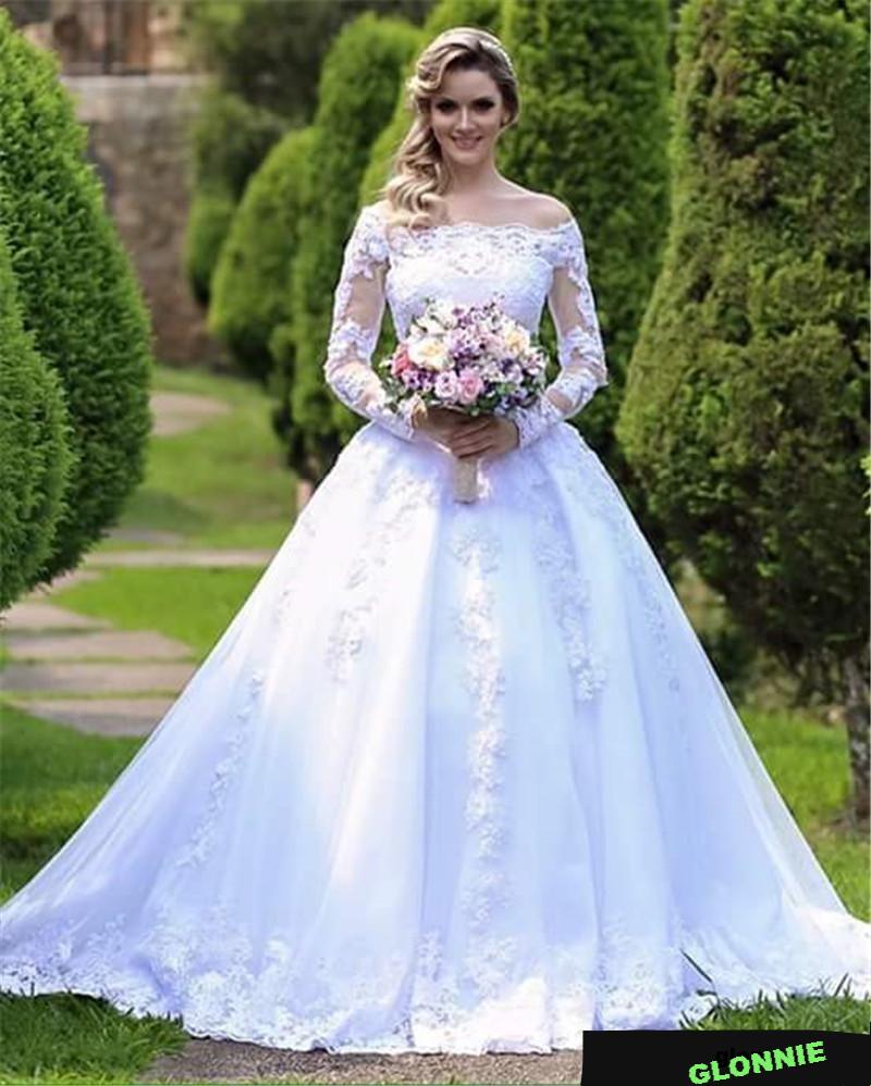 Glonnie Vintage Illusion Lace Ball Gown Wedding Off the Shoulder Long Sleeves Bridal Dresses FRONT VIEW - elegantfashionstyle.com