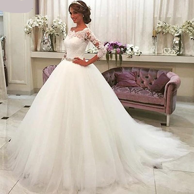 GLONNIE Lace Ball Gown Wedding Dresses with Crystal Sash B009
