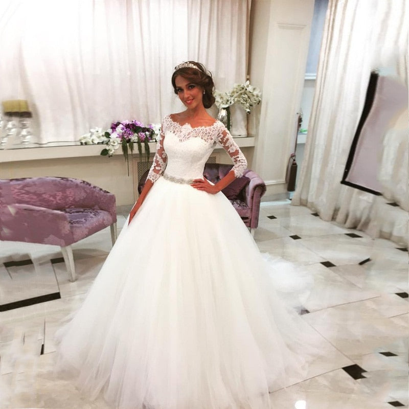 Glonnie Lace Ball Gown Wedding Dresses with Crystal Rhinestones Sash b009 - elegantfashionstyle.com
