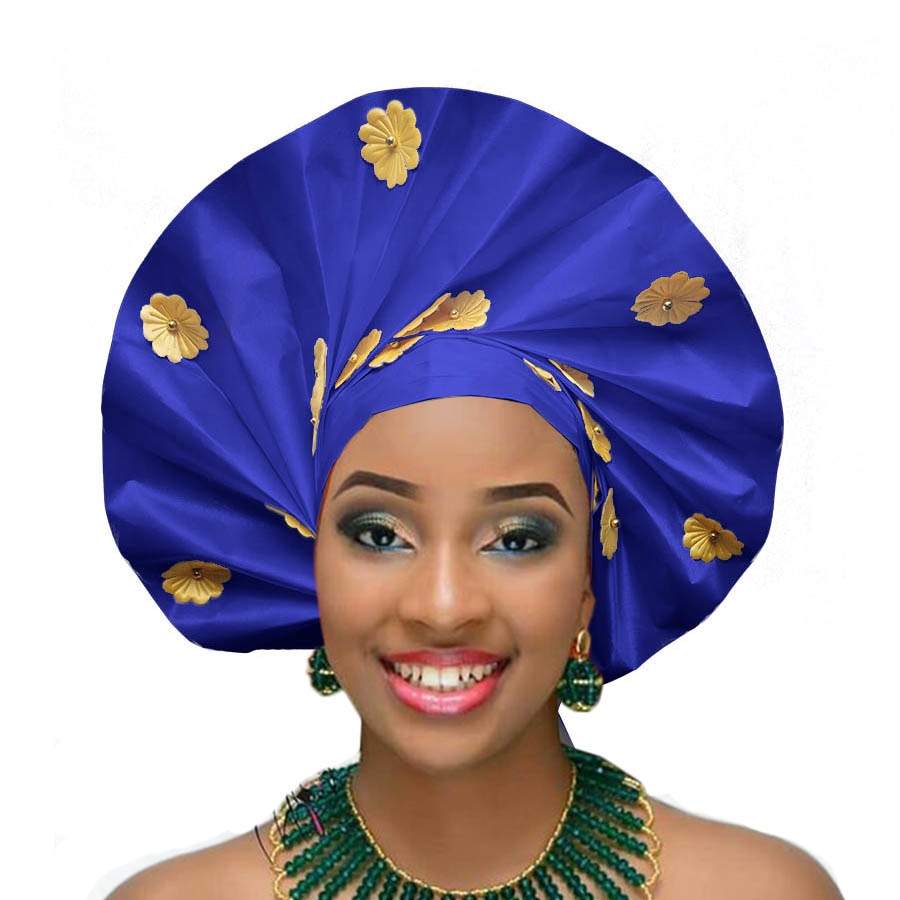Gailis designs ready to wear turban gele head tie fan auto gele african head wear - blue navy