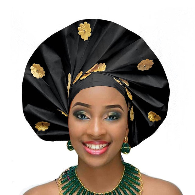 Gailis designs auto gele head tie fan ready to wear african head wear - black
