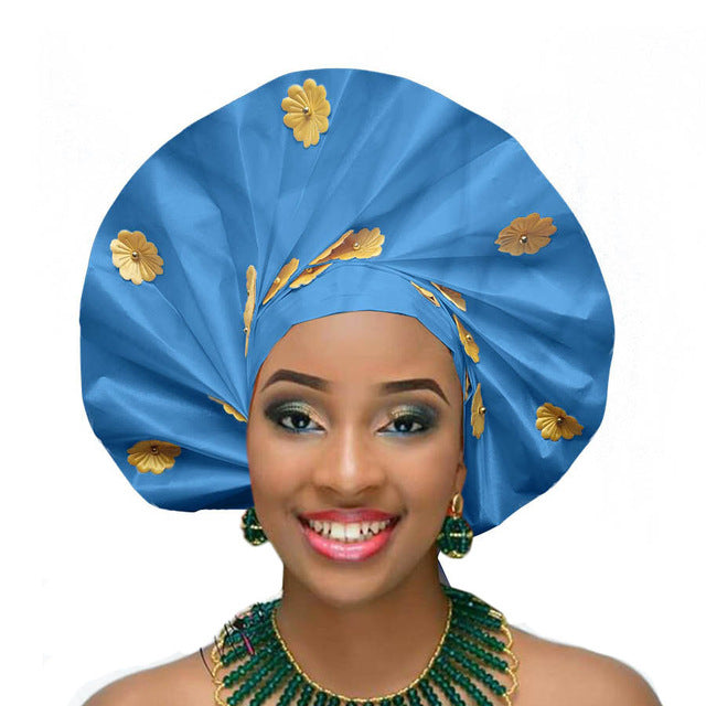 Gailis designs Royal blue auto gele head tie fan ready to wear african head wear - sea blue