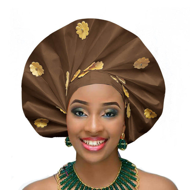 Gailis designs auto gele head tie fan ready to wear african head wear - brown
