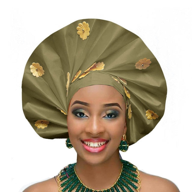 Gailis Ready To Wear Headtie African headwear Ready Made Aso Oke Gele - olive green