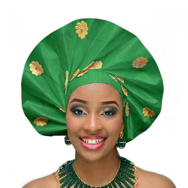 Gailis designs auto gele head tie fan ready to wear african head wear - green