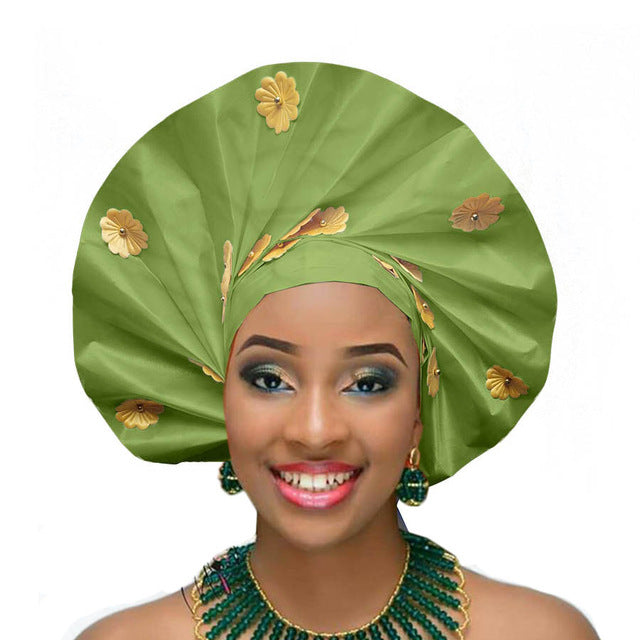 Gailis designs auto gele head tie fan ready to wear african head wear - lemon green
