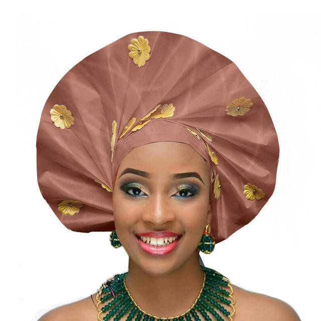 Gailis designs auto gele head tie fan ready to wear african head wear - light brown
