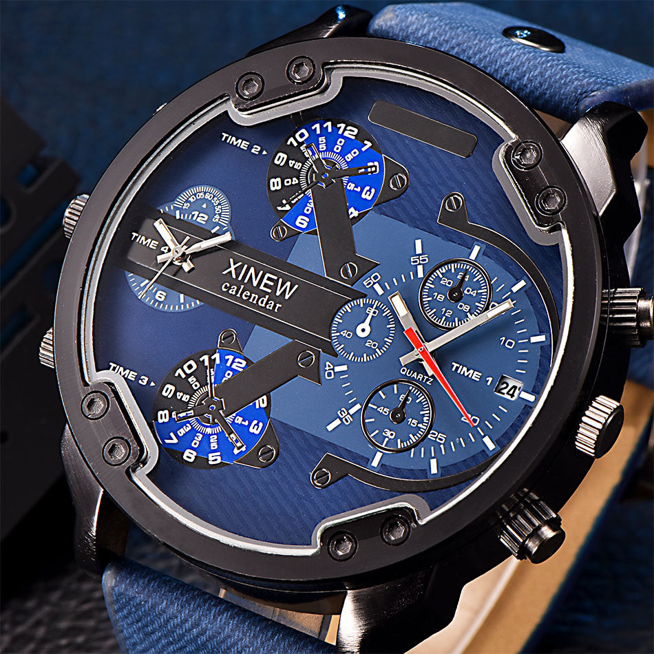 Benny Mens Top Brand Luxury Leather Band Quartz Wrist Watch With Date Dual Japan Quartz