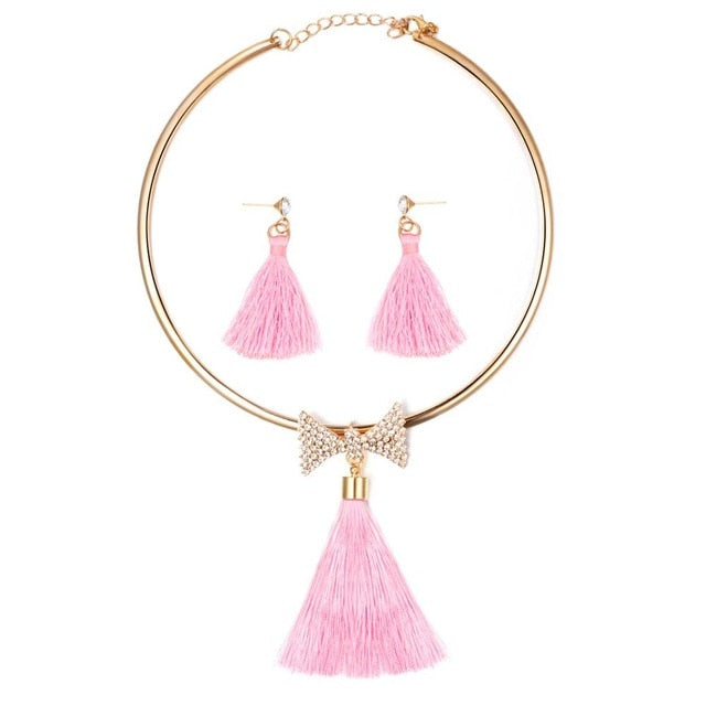 Levina Elegant Bridal Tassel Jewelry Sets Rose Gold Choker Necklace With Bow Crystal Pendant-jewelry set-Elegant Fashion Style