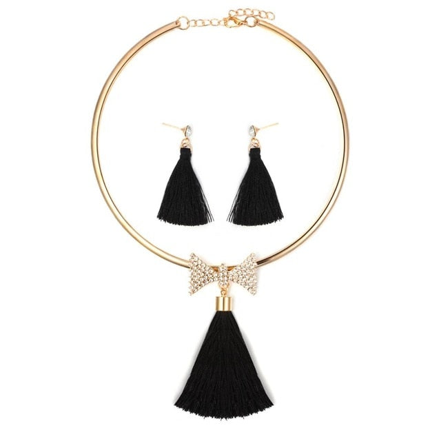 Levina Elegant Bridal Tassel Jewelry Sets Rose Gold Choker Necklace With Bow Crystal Pendant-jewelry set-Elegant Fashion Style