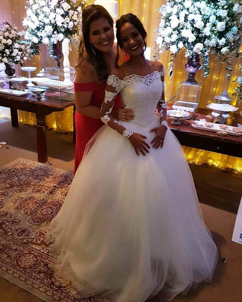 Glonnie Illusion Lace Long Sleeves Wedding Dress Off Shoulder Bridal Ball Gown B011