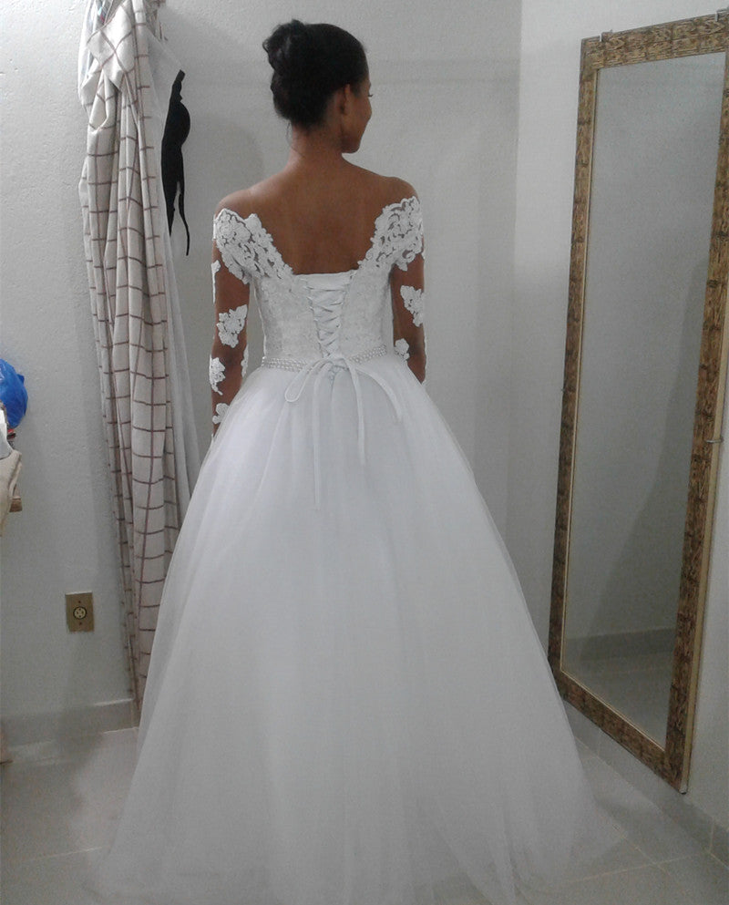 Glonnie Illusion Lace Long Sleeves Wedding Dress Off Shoulder Bridal Ball Gown B011