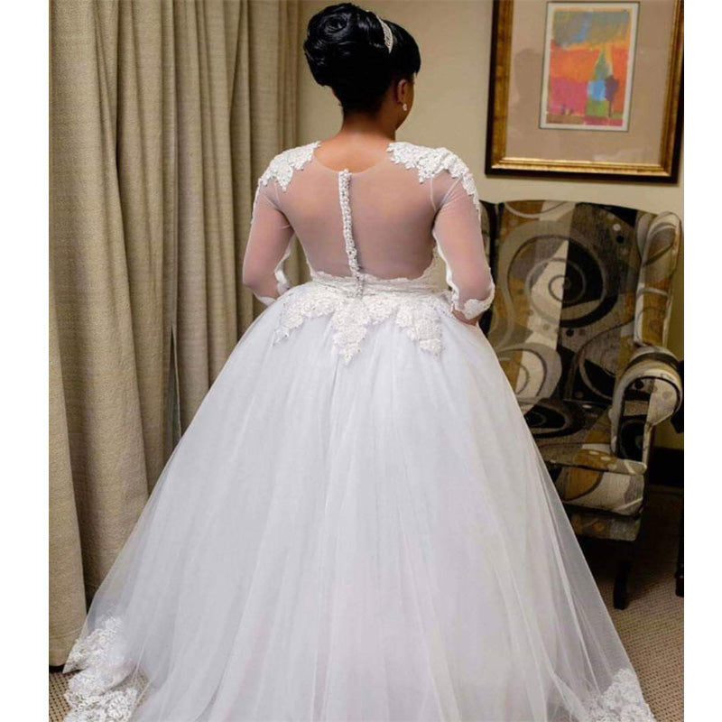 Glonnie Illusion Lace Appliques Bridal Ball Gown Wedding Dresses 3/4 Sleeves