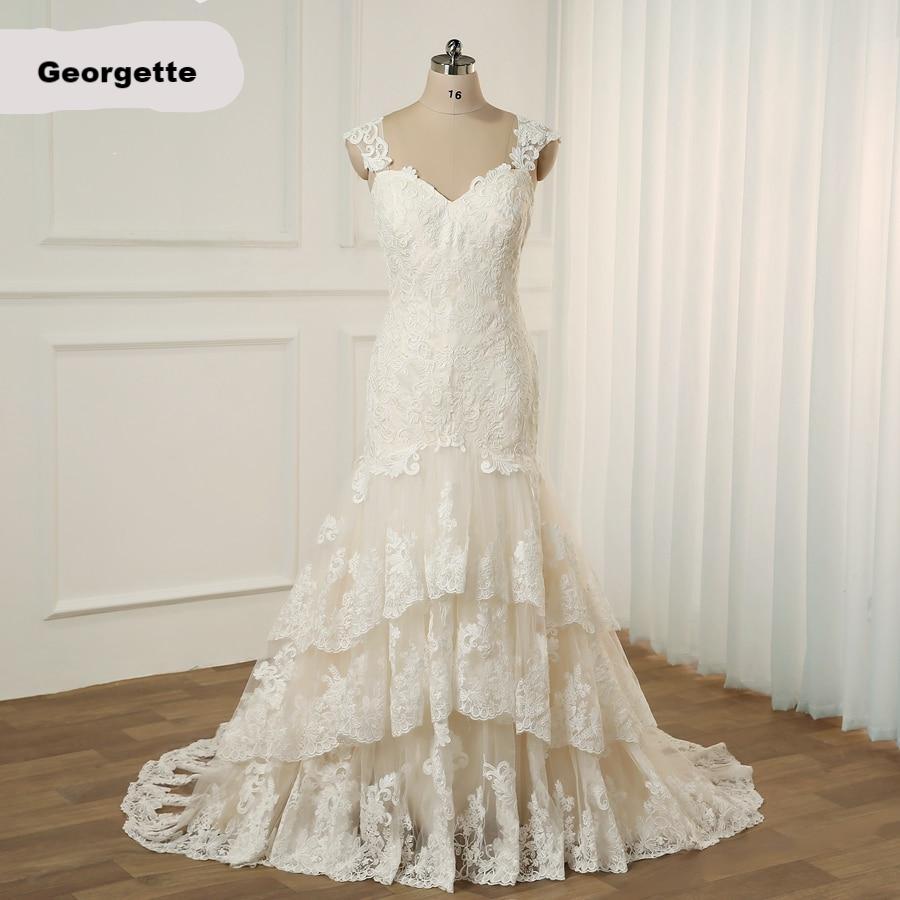 Georgette A Line Wedding Dress Cap Sleeves Mermaid Trumpet Bridal Gowns