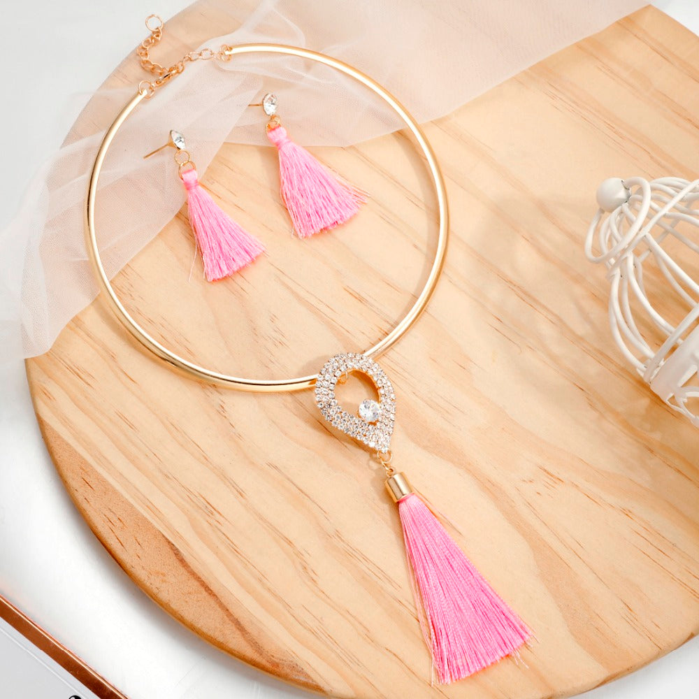 Levina Crystal Charming Rose Gold Choker Necklace Tassel Earrings Set-jewelry set-Elegant Fashion Style