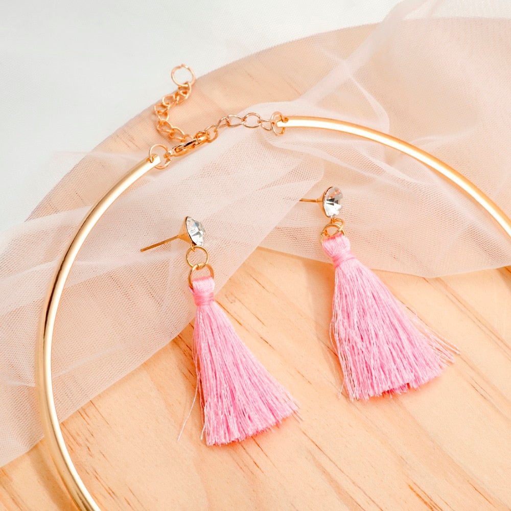 Levina Crystal Charming Rose Gold Choker Necklace Tassel Earrings Set-jewelry set-Elegant Fashion Style