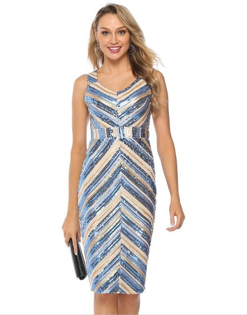 V neck sleeveless summer Dress Elegant stripe Sequins Dress